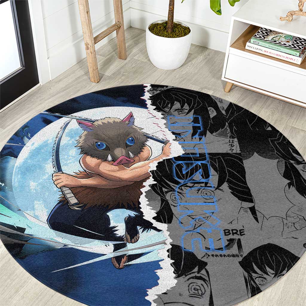 Inosuke Demon Slayer Blue and Black Theme Round Carpet with Boar Mask and Manga Collage Action Design - The Mazicc