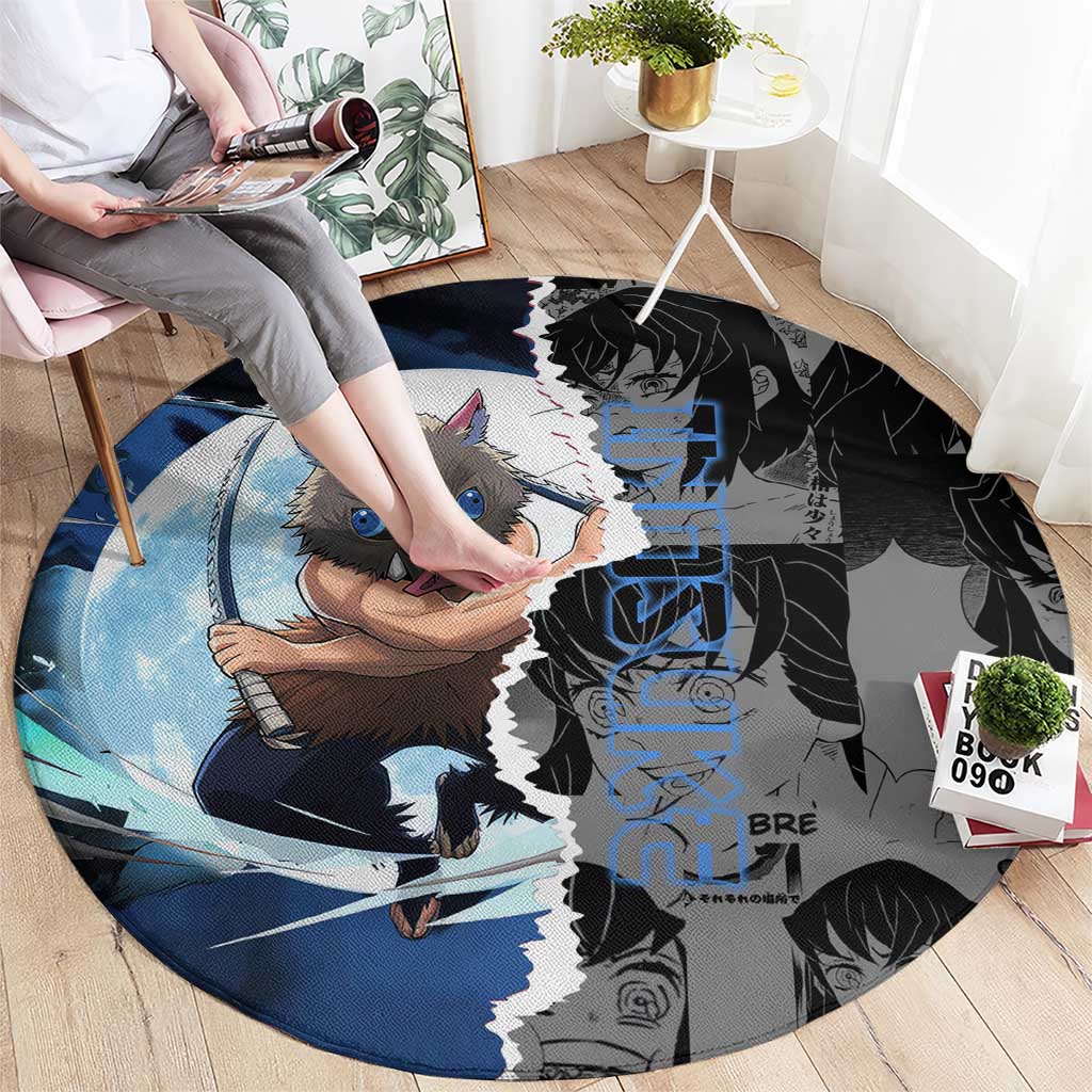 Inosuke Demon Slayer Blue and Black Theme Round Carpet with Boar Mask and Manga Collage Action Design - The Mazicc