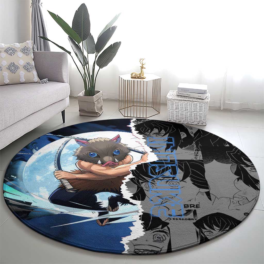 Inosuke Demon Slayer Blue and Black Theme Round Carpet with Boar Mask and Manga Collage Action Design - The Mazicc