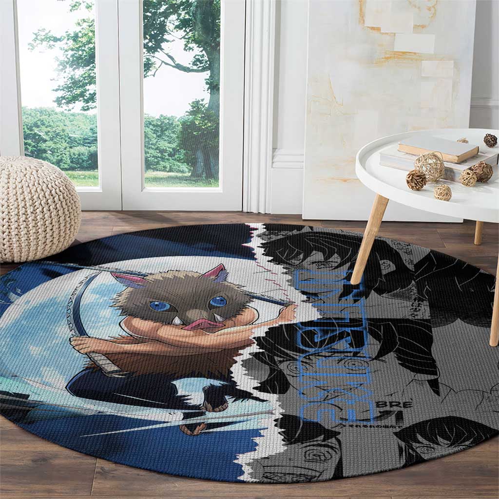 Inosuke Demon Slayer Blue and Black Theme Round Carpet with Boar Mask and Manga Collage Action Design - The Mazicc