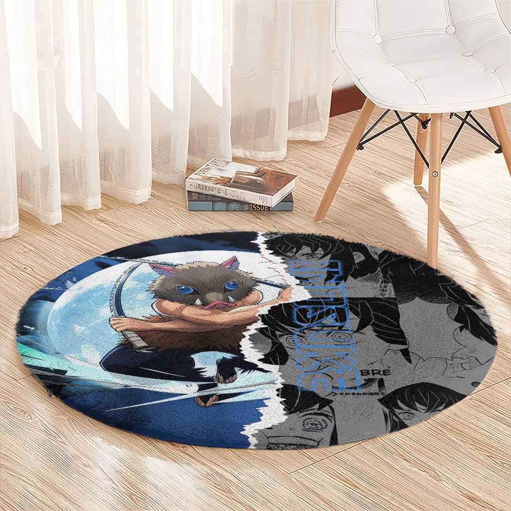 Inosuke Demon Slayer Blue and Black Theme Round Carpet with Boar Mask and Manga Collage Action Design - The Mazicc