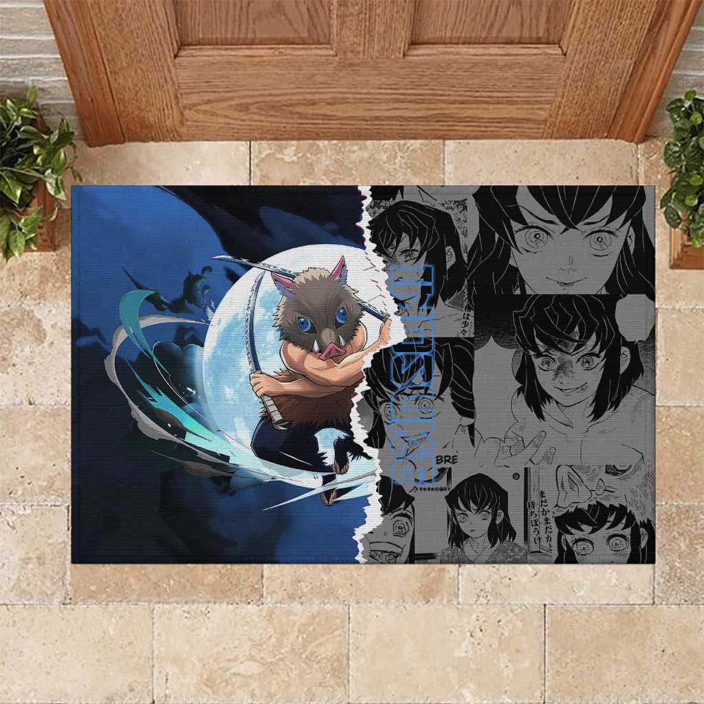 Inosuke Demon Slayer Blue and Black Theme Rubber Doormat with Boar Mask and Manga Collage Action Design - The Mazicc