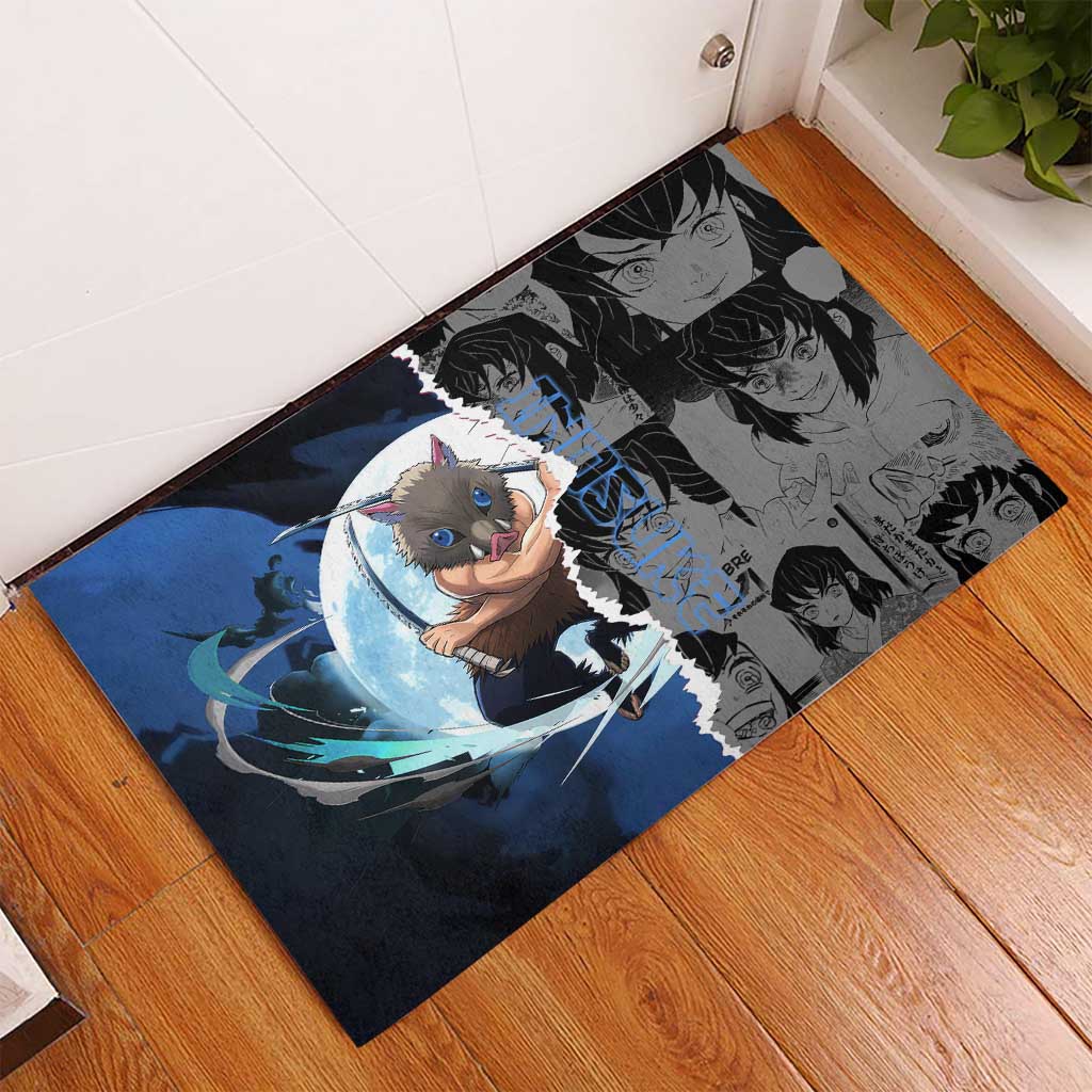 Inosuke Demon Slayer Blue and Black Theme Rubber Doormat with Boar Mask and Manga Collage Action Design - The Mazicc