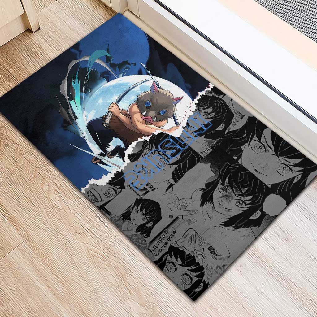 Inosuke Demon Slayer Blue and Black Theme Rubber Doormat with Boar Mask and Manga Collage Action Design - The Mazicc