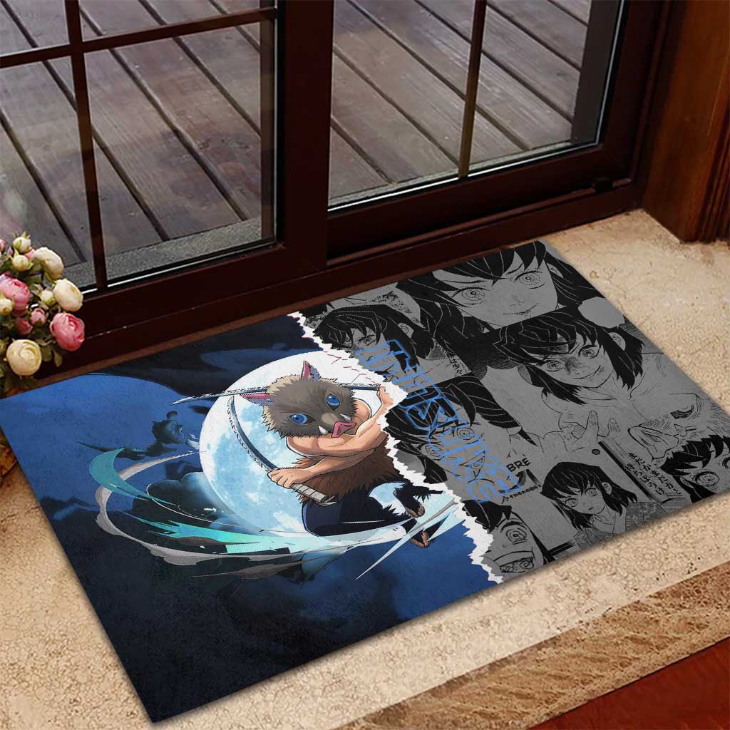 Inosuke Demon Slayer Blue and Black Theme Rubber Doormat with Boar Mask and Manga Collage Action Design - The Mazicc