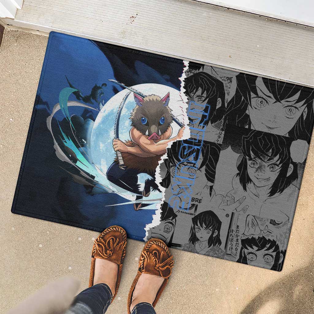 Inosuke Demon Slayer Blue and Black Theme Rubber Doormat with Boar Mask and Manga Collage Action Design - The Mazicc