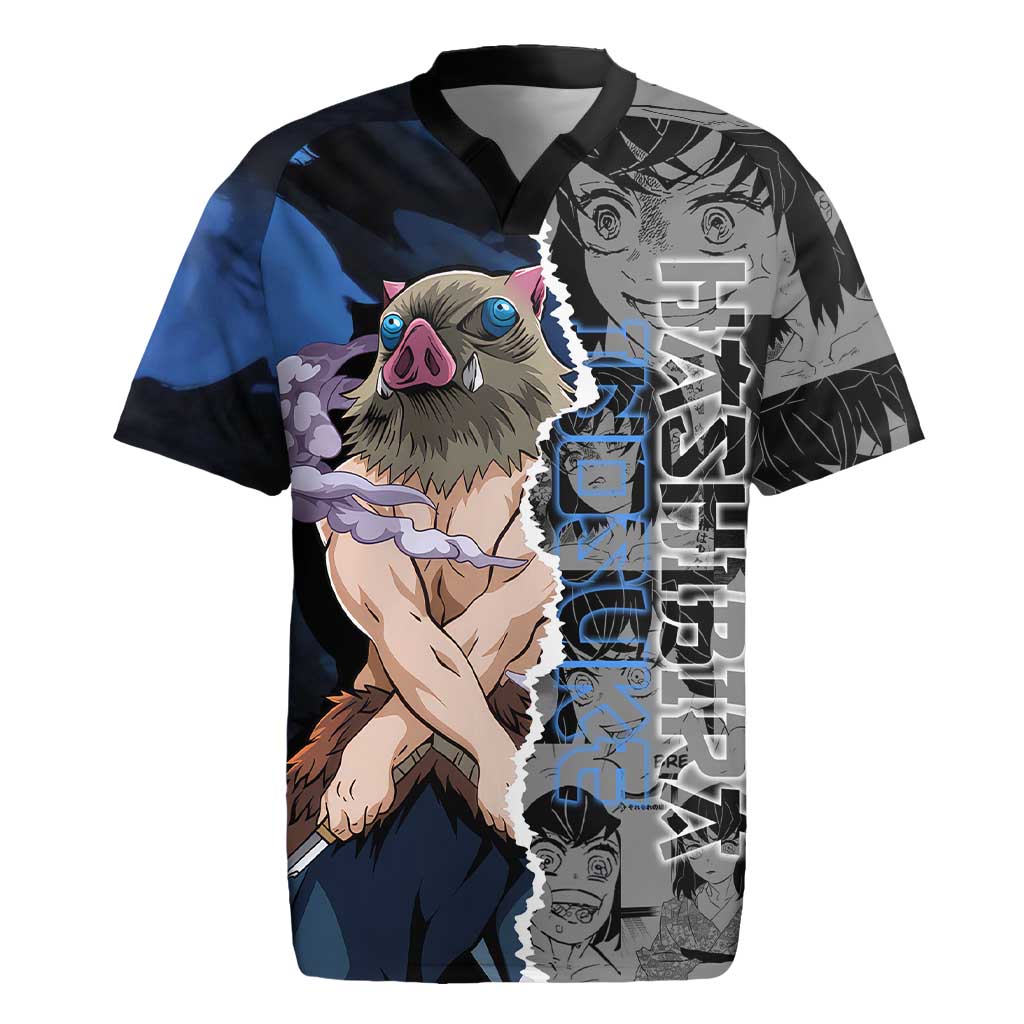 Inosuke Demon Slayer Blue and Black Theme Rugby Jersey with Boar Mask and Manga Collage Action Design - The Mazicc