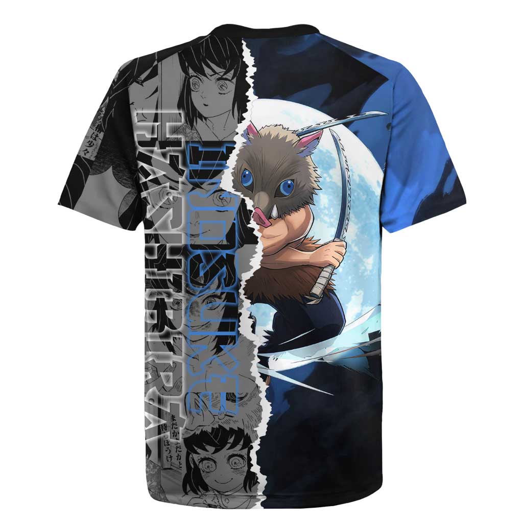 Inosuke Demon Slayer Blue and Black Theme Rugby Jersey with Boar Mask and Manga Collage Action Design - The Mazicc