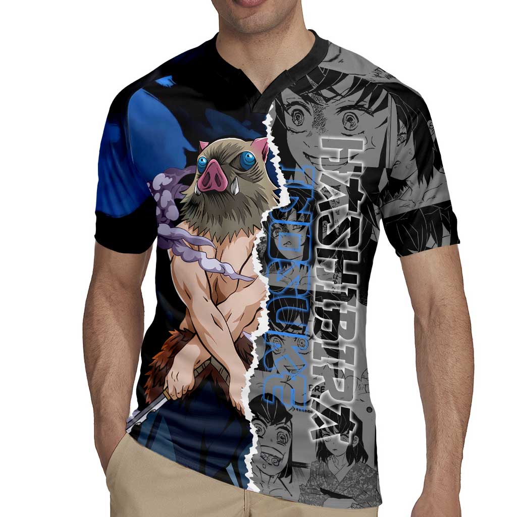 Inosuke Demon Slayer Blue and Black Theme Rugby Jersey with Boar Mask and Manga Collage Action Design - The Mazicc