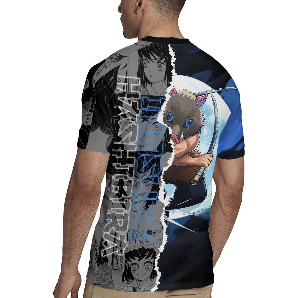 Inosuke Demon Slayer Blue and Black Theme Rugby Jersey with Boar Mask and Manga Collage Action Design - The Mazicc