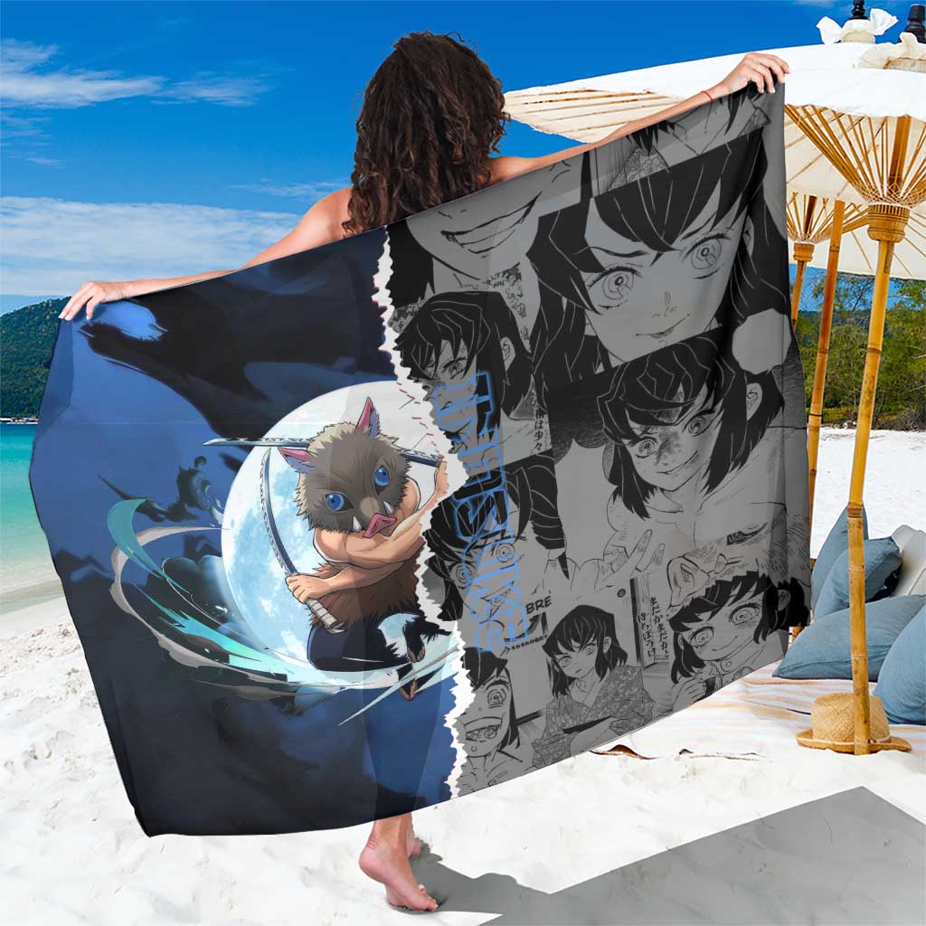 Inosuke Demon Slayer Blue and Black Theme Sarong with Boar Mask and Manga Collage Action Design - The Mazicc
