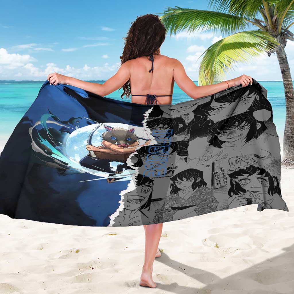 Inosuke Demon Slayer Blue and Black Theme Sarong with Boar Mask and Manga Collage Action Design - The Mazicc