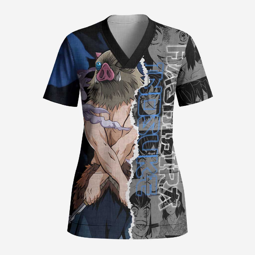 Inosuke Demon Slayer Blue and Black Theme Scrub Top with Boar Mask and Manga Collage Action Design - The Mazicc