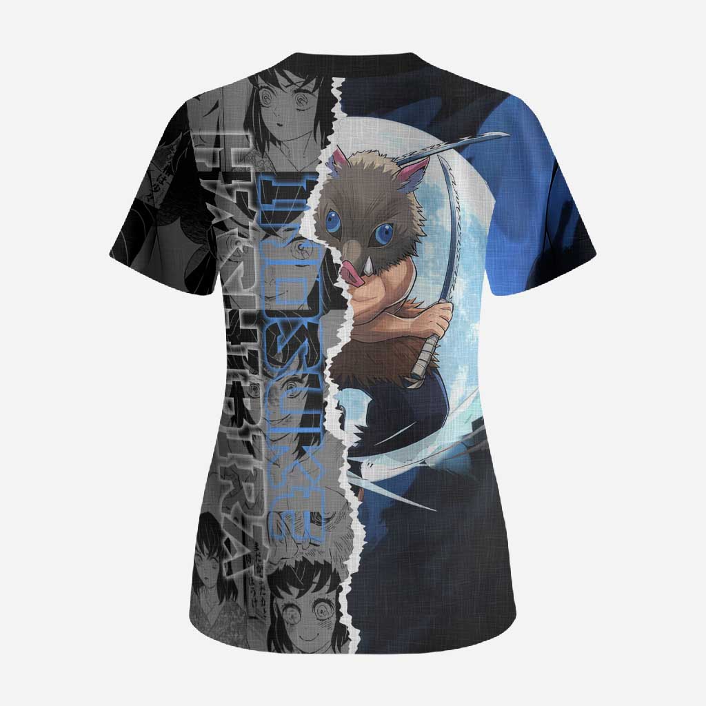 Inosuke Demon Slayer Blue and Black Theme Scrub Top with Boar Mask and Manga Collage Action Design - The Mazicc