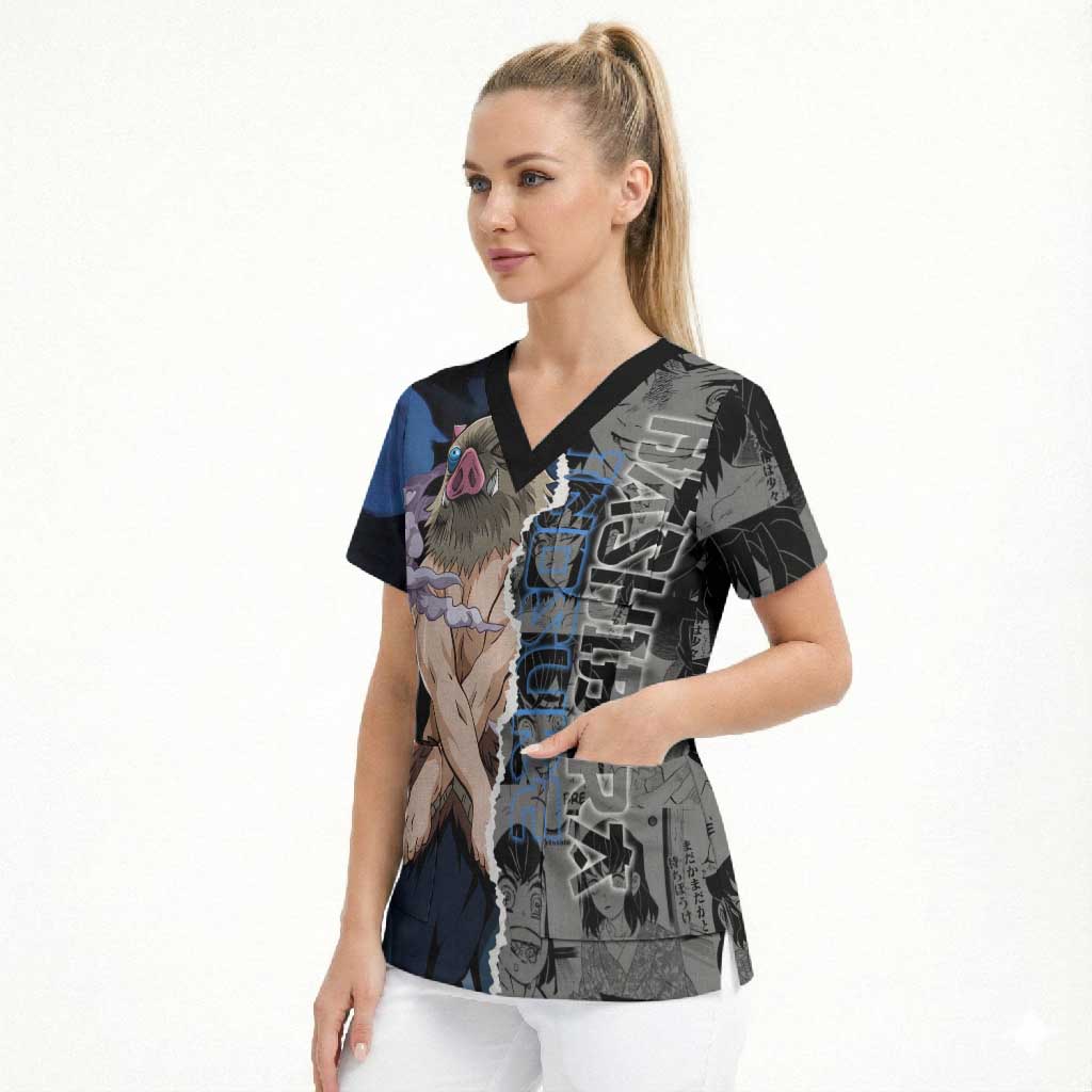 Inosuke Demon Slayer Blue and Black Theme Scrub Top with Boar Mask and Manga Collage Action Design - The Mazicc