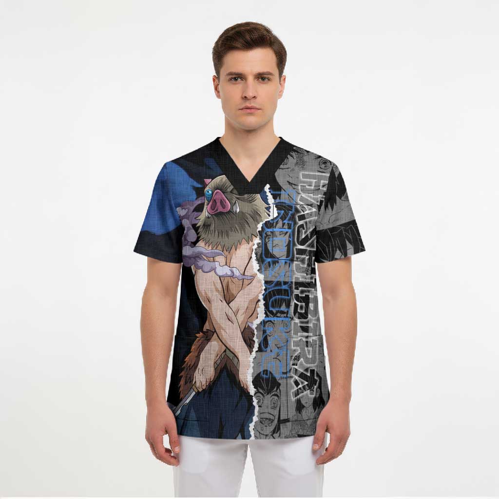 Inosuke Demon Slayer Blue and Black Theme Scrub Top with Boar Mask and Manga Collage Action Design - The Mazicc