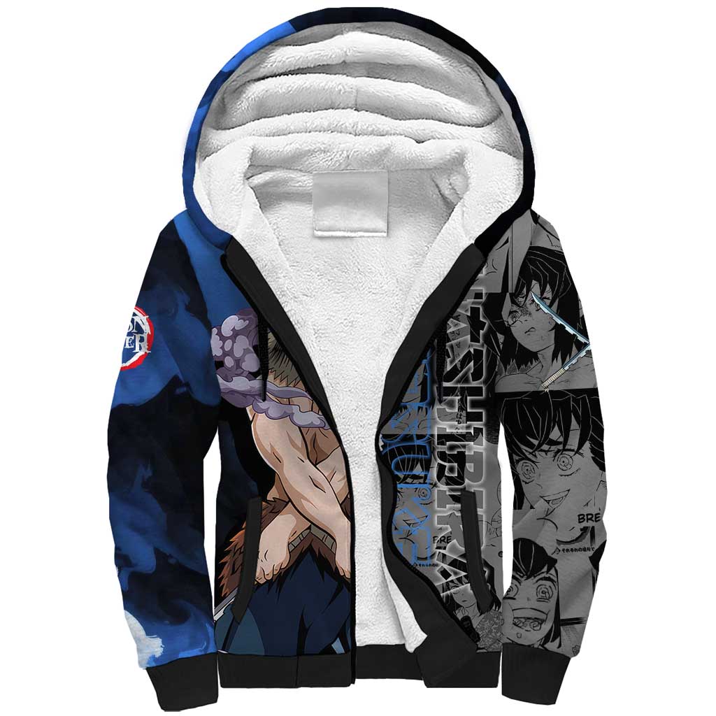 Inosuke Demon Slayer Blue and Black Theme Sherpa Hoodie with Boar Mask and Manga Collage Action Design - The Mazicc