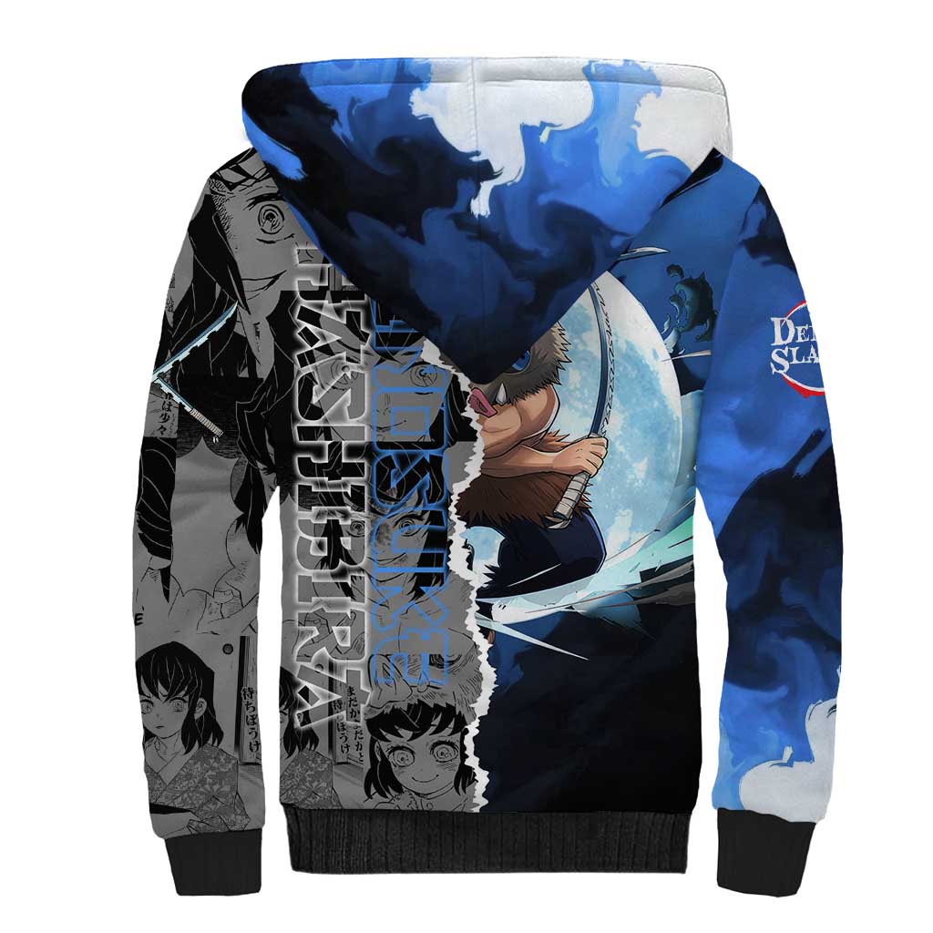 Inosuke Demon Slayer Blue and Black Theme Sherpa Hoodie with Boar Mask and Manga Collage Action Design - The Mazicc