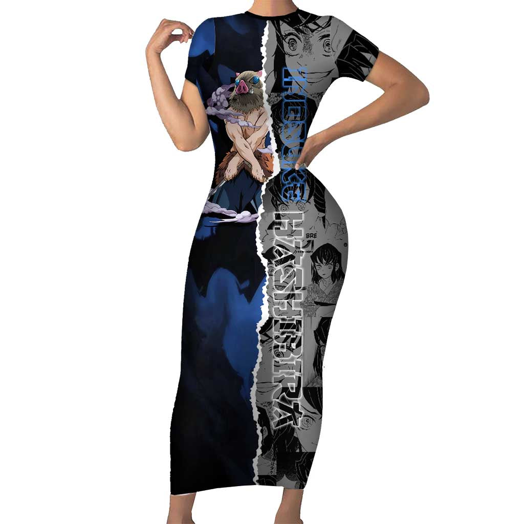 Inosuke Demon Slayer Blue and Black Theme Short Sleeve Bodycon Dress with Boar Mask and Manga Collage Action Design - The Mazicc