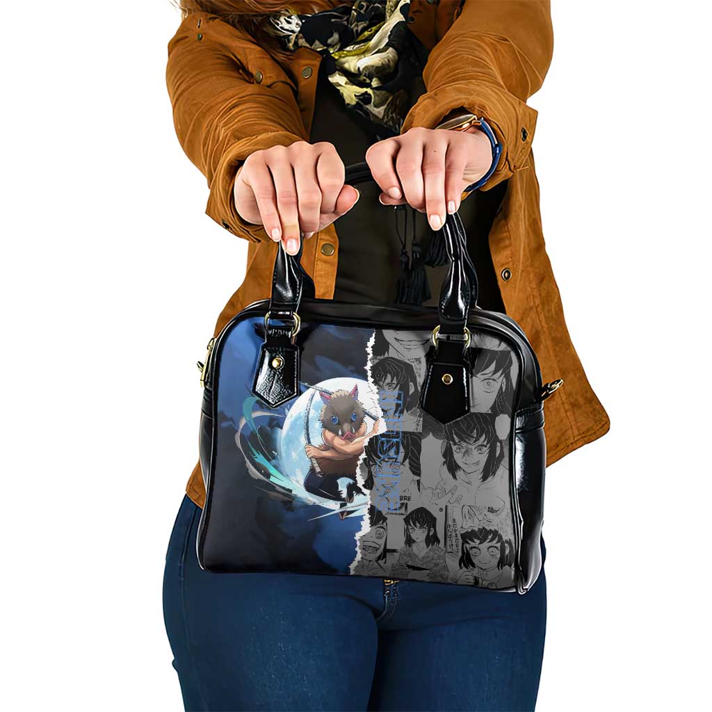 Inosuke Demon Slayer Blue and Black Theme Shoulder Handbag with Boar Mask and Manga Collage Action Design - The Mazicc
