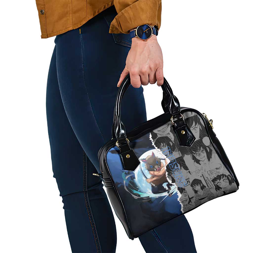 Inosuke Demon Slayer Blue and Black Theme Shoulder Handbag with Boar Mask and Manga Collage Action Design - The Mazicc