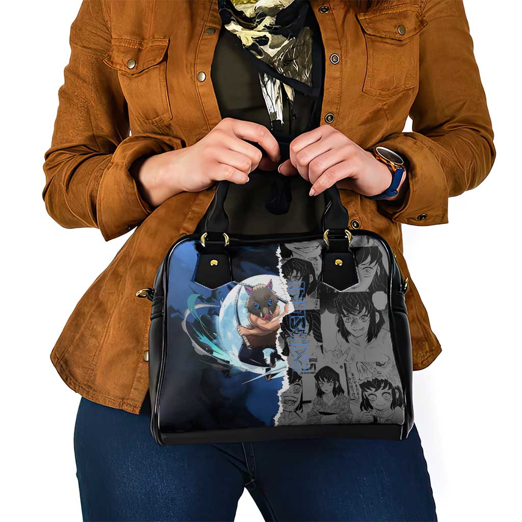 Inosuke Demon Slayer Blue and Black Theme Shoulder Handbag with Boar Mask and Manga Collage Action Design - The Mazicc