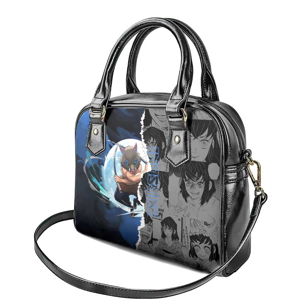 Inosuke Demon Slayer Blue and Black Theme Shoulder Handbag with Boar Mask and Manga Collage Action Design - The Mazicc