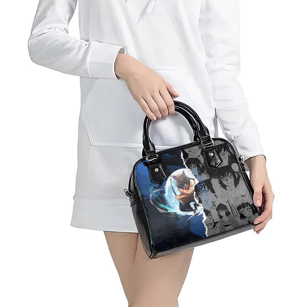 Inosuke Demon Slayer Blue and Black Theme Shoulder Handbag with Boar Mask and Manga Collage Action Design - The Mazicc