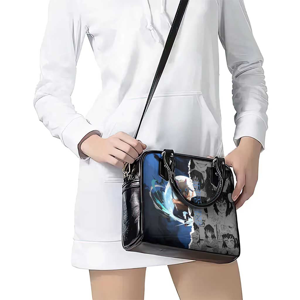 Inosuke Demon Slayer Blue and Black Theme Shoulder Handbag with Boar Mask and Manga Collage Action Design - The Mazicc