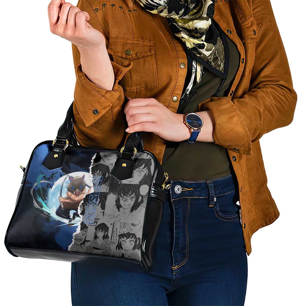 Inosuke Demon Slayer Blue and Black Theme Shoulder Handbag with Boar Mask and Manga Collage Action Design - The Mazicc