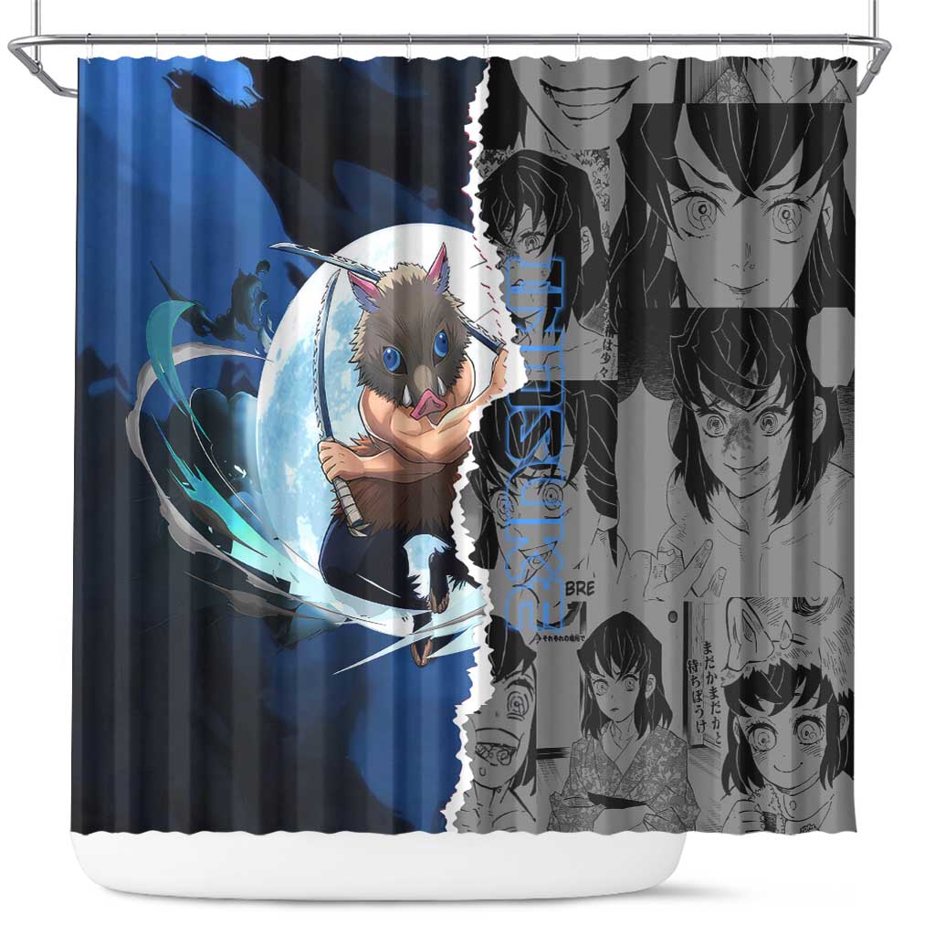 Inosuke Demon Slayer Blue and Black Theme Shower Curtain with Boar Mask and Manga Collage Action Design - The Mazicc