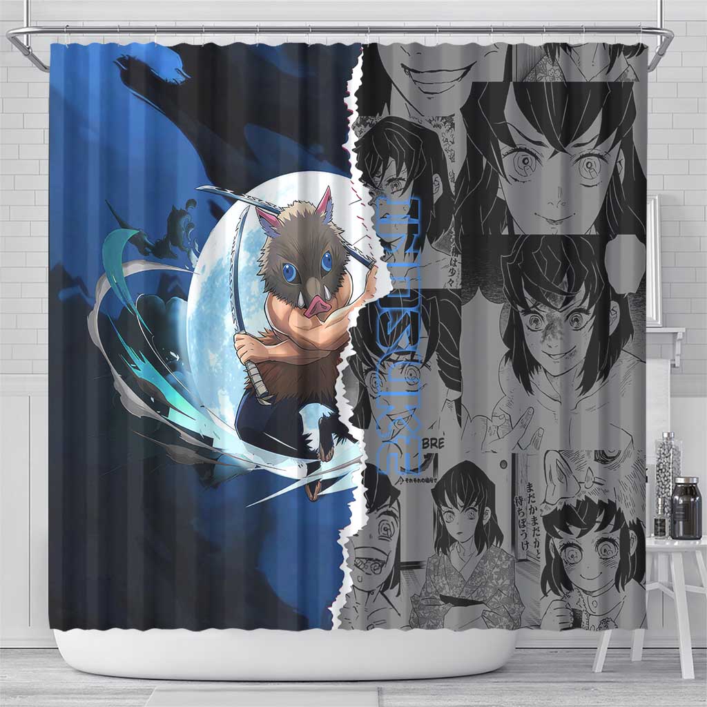 Inosuke Demon Slayer Blue and Black Theme Shower Curtain with Boar Mask and Manga Collage Action Design - The Mazicc