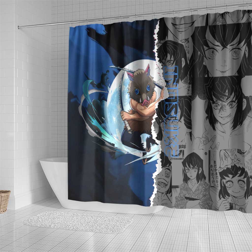 Inosuke Demon Slayer Blue and Black Theme Shower Curtain with Boar Mask and Manga Collage Action Design - The Mazicc