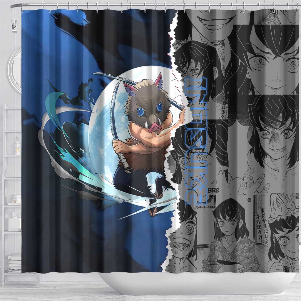 Inosuke Demon Slayer Blue and Black Theme Shower Curtain with Boar Mask and Manga Collage Action Design - The Mazicc