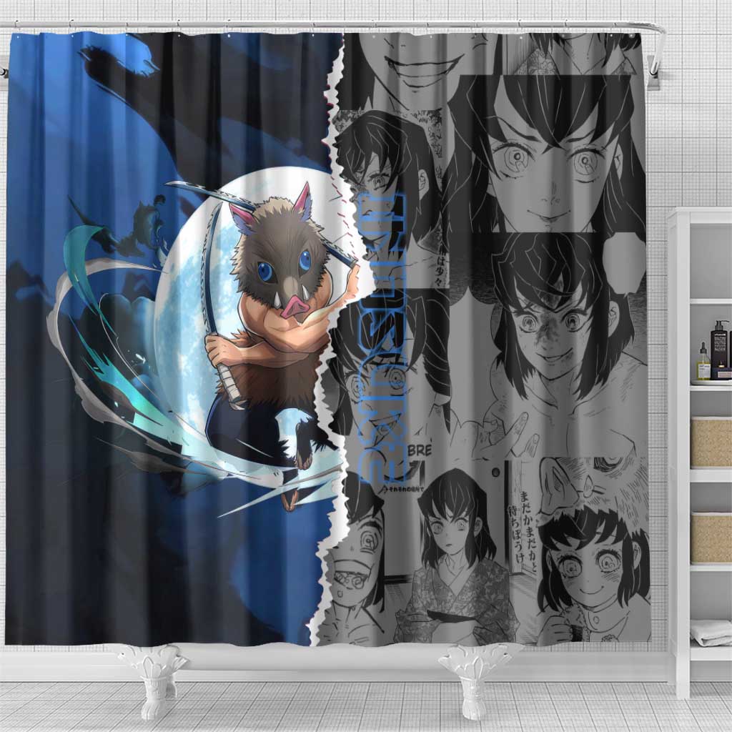 Inosuke Demon Slayer Blue and Black Theme Shower Curtain with Boar Mask and Manga Collage Action Design - The Mazicc