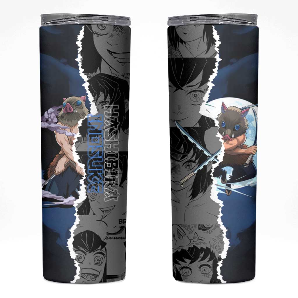 Inosuke Demon Slayer Blue and Black Theme Skinny Tumbler with Boar Mask and Manga Collage Action Design - The Mazicc