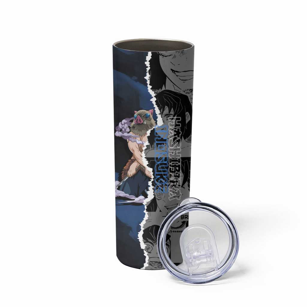 Inosuke Demon Slayer Blue and Black Theme Skinny Tumbler with Boar Mask and Manga Collage Action Design - The Mazicc