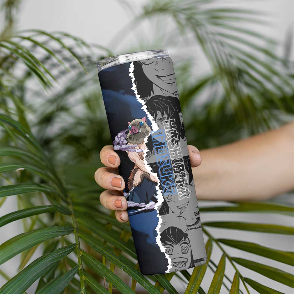 Inosuke Demon Slayer Blue and Black Theme Skinny Tumbler with Boar Mask and Manga Collage Action Design - The Mazicc