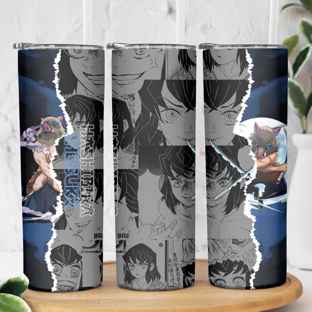 Inosuke Demon Slayer Blue and Black Theme Skinny Tumbler with Boar Mask and Manga Collage Action Design - The Mazicc