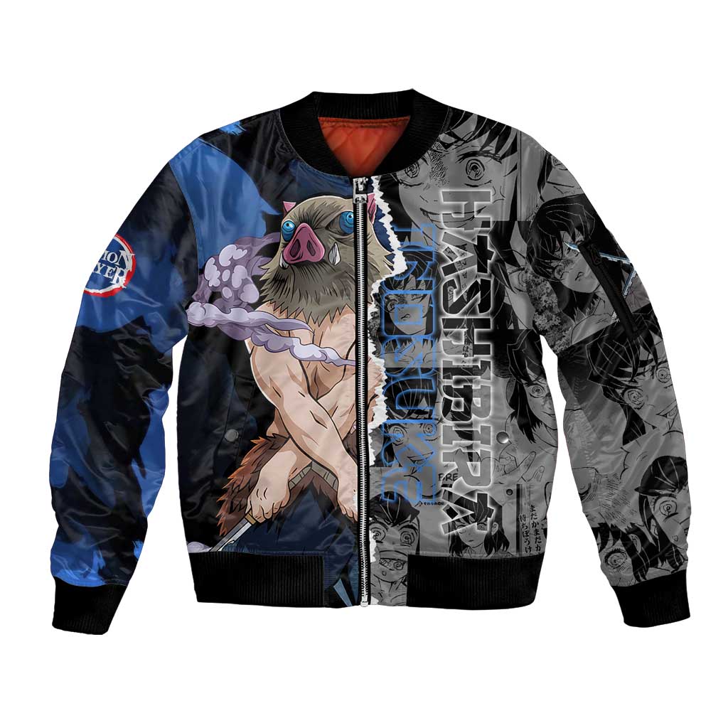 Inosuke Demon Slayer Blue and Black Theme Sleeve Zip Bomber Jacket with Boar Mask and Manga Collage Action Design - The Mazicc