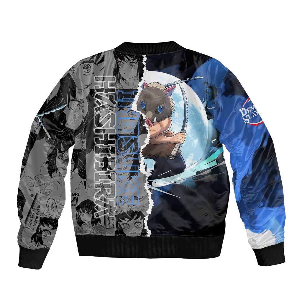 Inosuke Demon Slayer Blue and Black Theme Sleeve Zip Bomber Jacket with Boar Mask and Manga Collage Action Design - The Mazicc