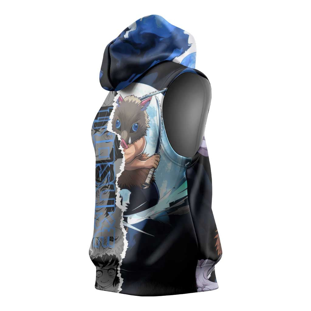Inosuke Demon Slayer Blue and Black Theme Sleeveless Hoodie with Boar Mask and Manga Collage Action Design - The Mazicc