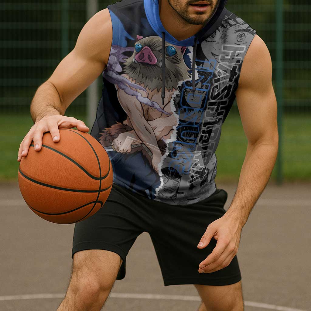 Inosuke Demon Slayer Blue and Black Theme Sleeveless Hoodie with Boar Mask and Manga Collage Action Design - The Mazicc