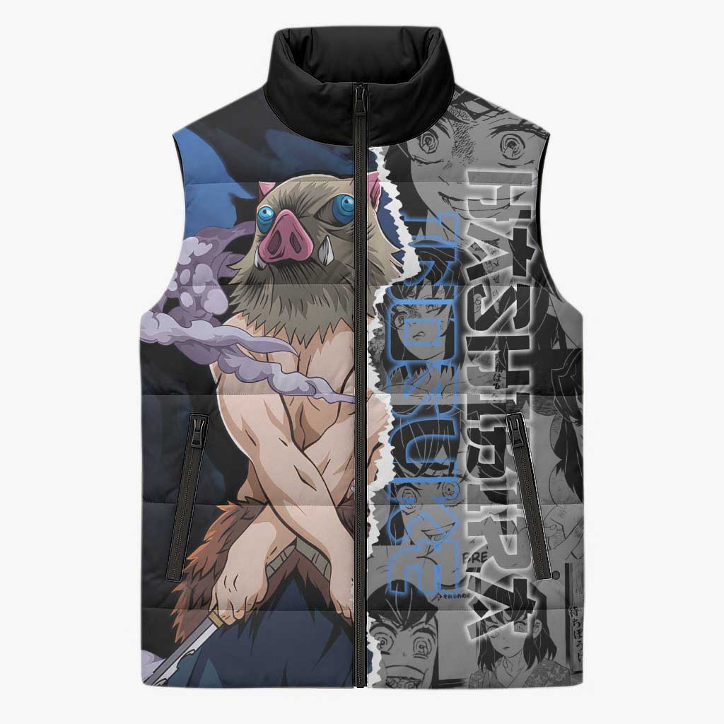 Inosuke Demon Slayer Blue and Black Theme Sleeveless Puffer Jacket with Boar Mask and Manga Collage Action Design - The Mazicc