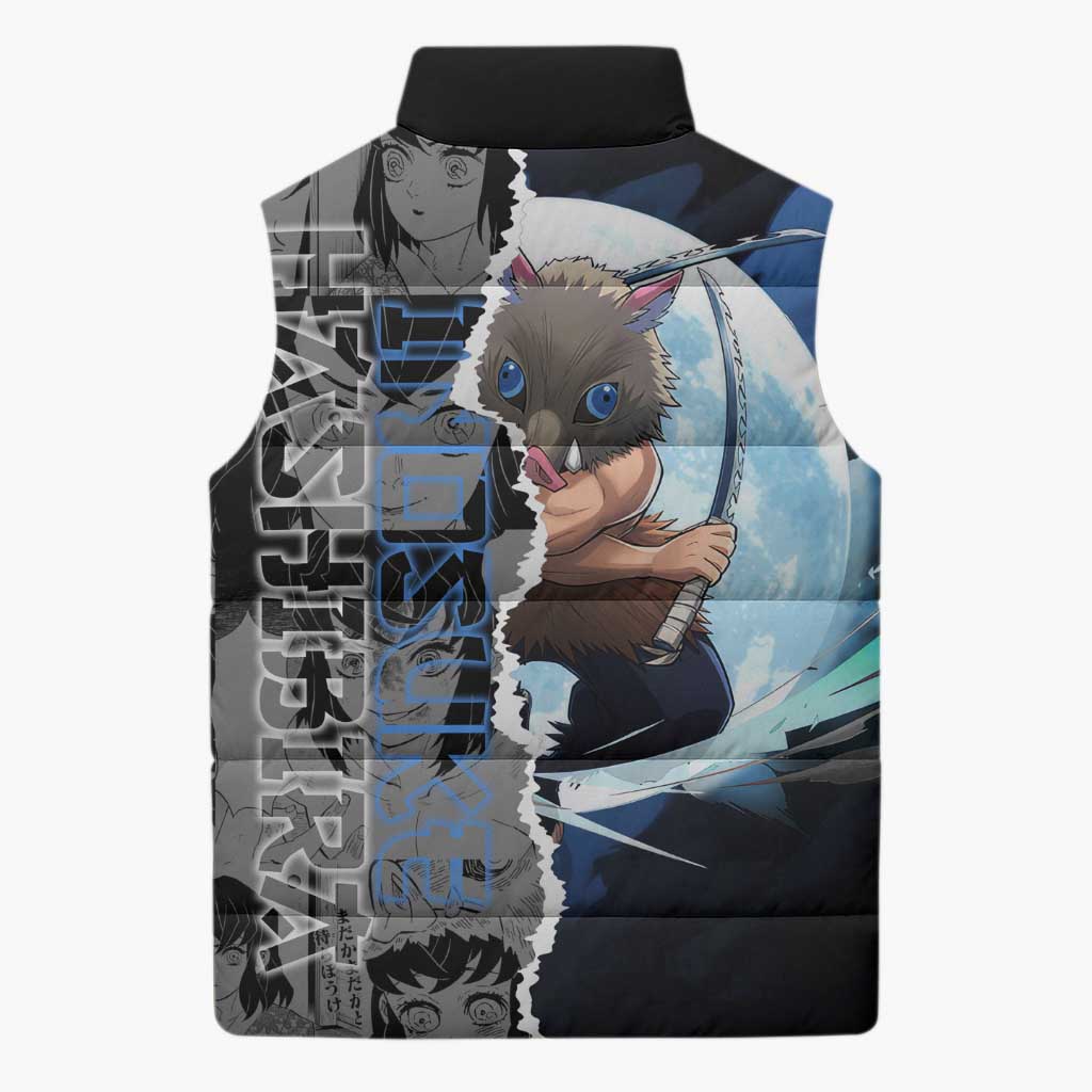 Inosuke Demon Slayer Blue and Black Theme Sleeveless Puffer Jacket with Boar Mask and Manga Collage Action Design - The Mazicc