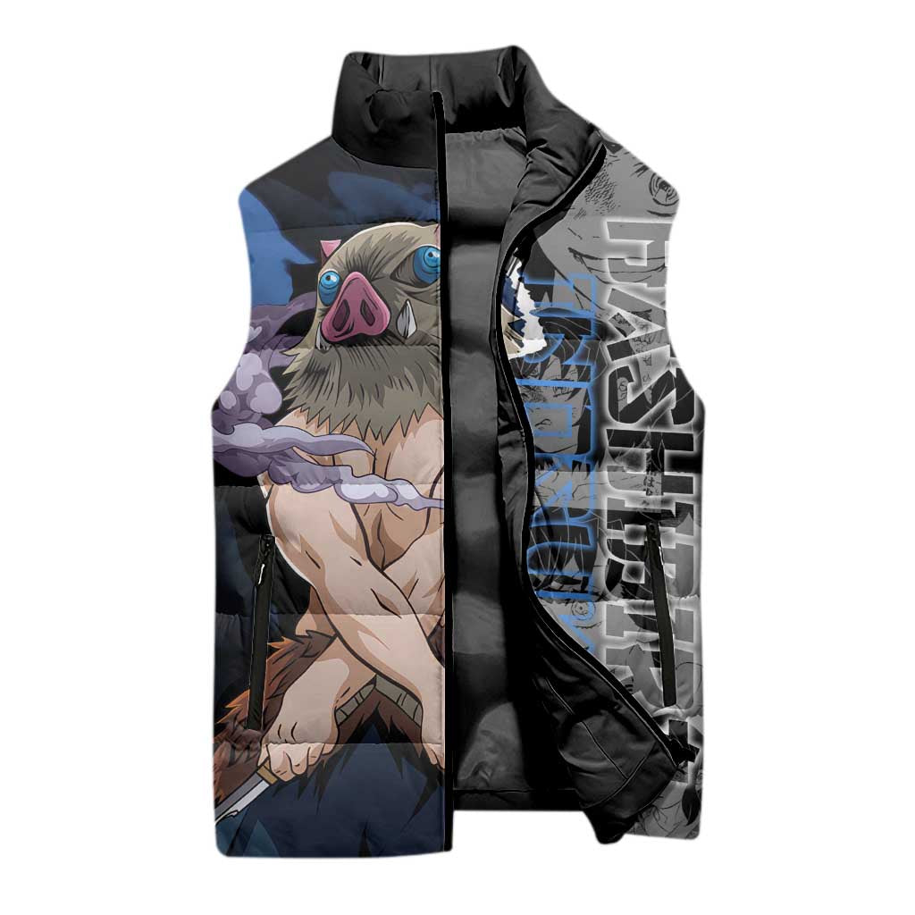 Inosuke Demon Slayer Blue and Black Theme Sleeveless Puffer Jacket with Boar Mask and Manga Collage Action Design - The Mazicc