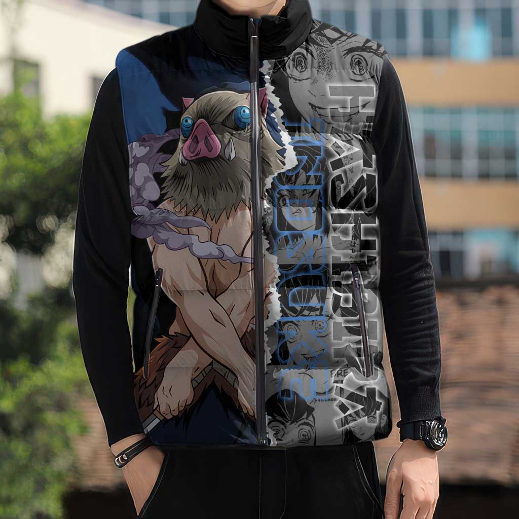 Inosuke Demon Slayer Blue and Black Theme Sleeveless Puffer Jacket with Boar Mask and Manga Collage Action Design - The Mazicc