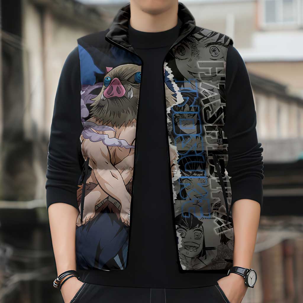 Inosuke Demon Slayer Blue and Black Theme Sleeveless Puffer Jacket with Boar Mask and Manga Collage Action Design - The Mazicc