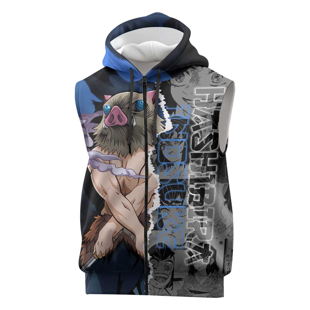 Inosuke Demon Slayer Blue and Black Theme Sleeveless Zip Hoodie with Boar Mask and Manga Collage Action Design - The Mazicc