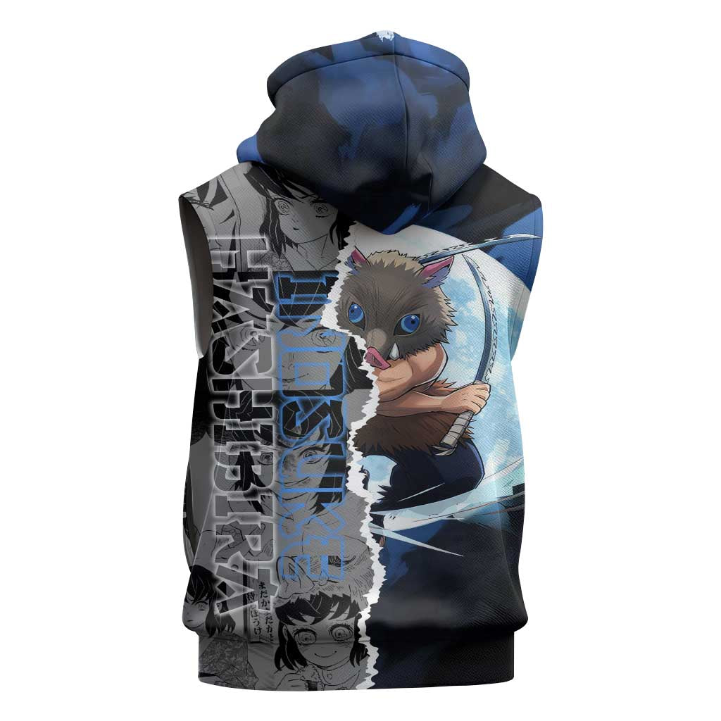 Inosuke Demon Slayer Blue and Black Theme Sleeveless Zip Hoodie with Boar Mask and Manga Collage Action Design - The Mazicc